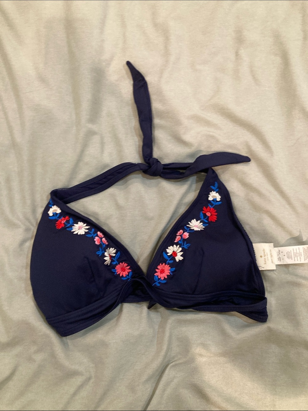 kate spade Navy Halter Bikini Top with Red, White & Blue Floral Embroidery L